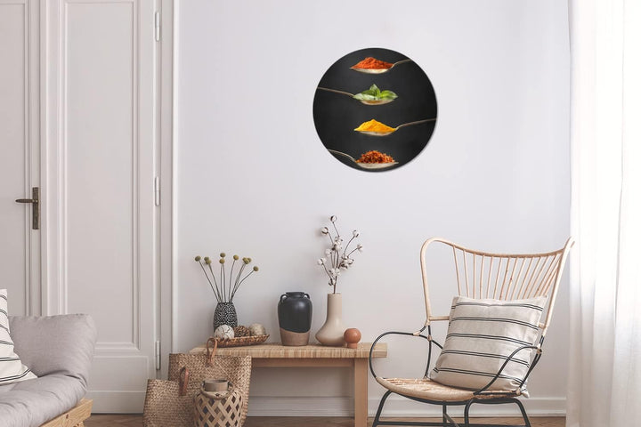 MuchoWow Wandbild Rund Wanddeko Deko Wohnzimmer Bilder 30x30 cm Kräuter - Löffel - Gewürze - Schwarz