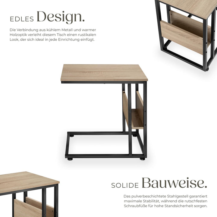 tectake® Beistelltisch Holz Metall, Wohnzimmertisch, Couchtisch C-Form, Laptoptisch für Couch, Bettt
