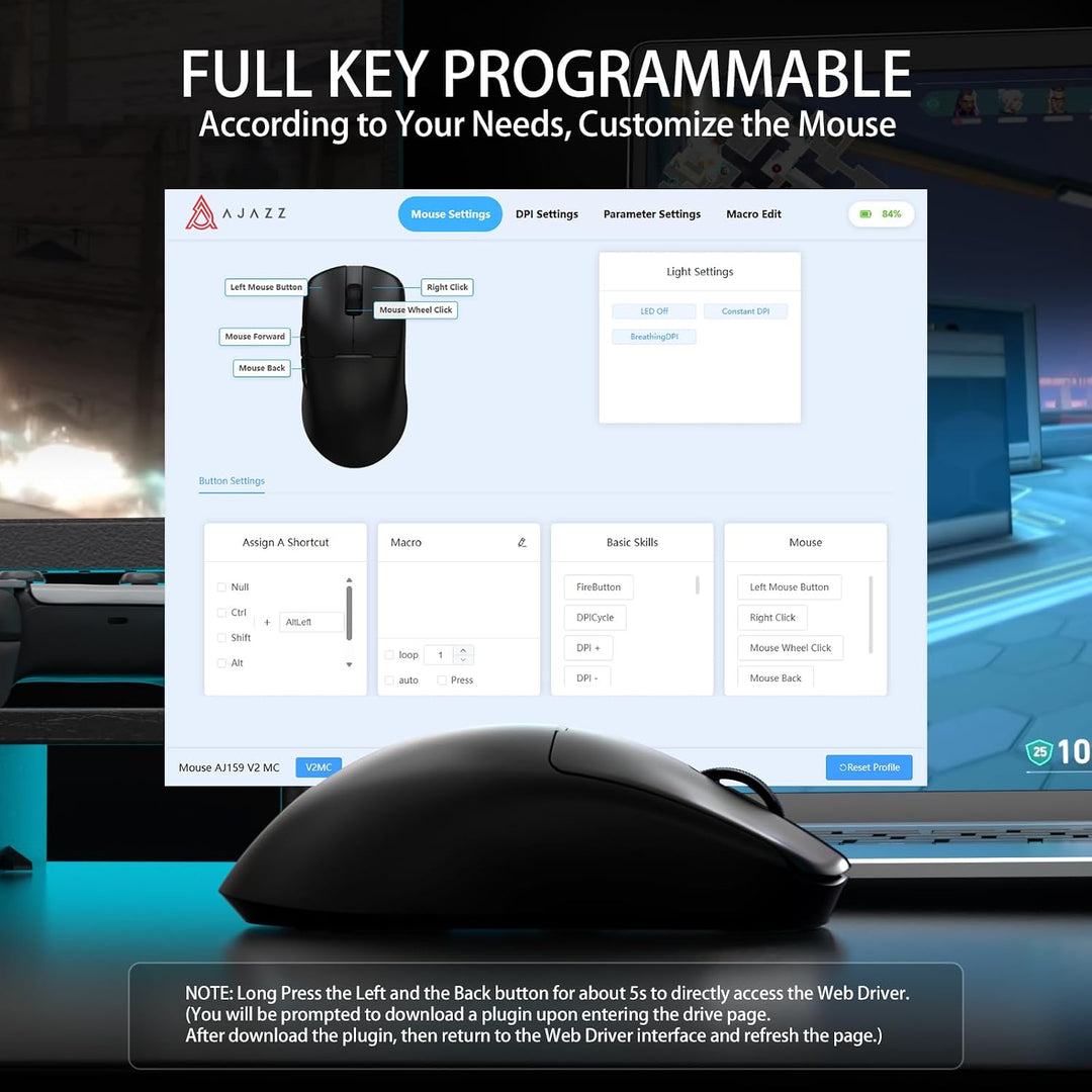 A.JAZZ AJ159V2MC Kabellose Gaming-Maus, Tri-Mode BT/2.4G/Type-C Kabel, Optischer PixArt 3311 Sensor