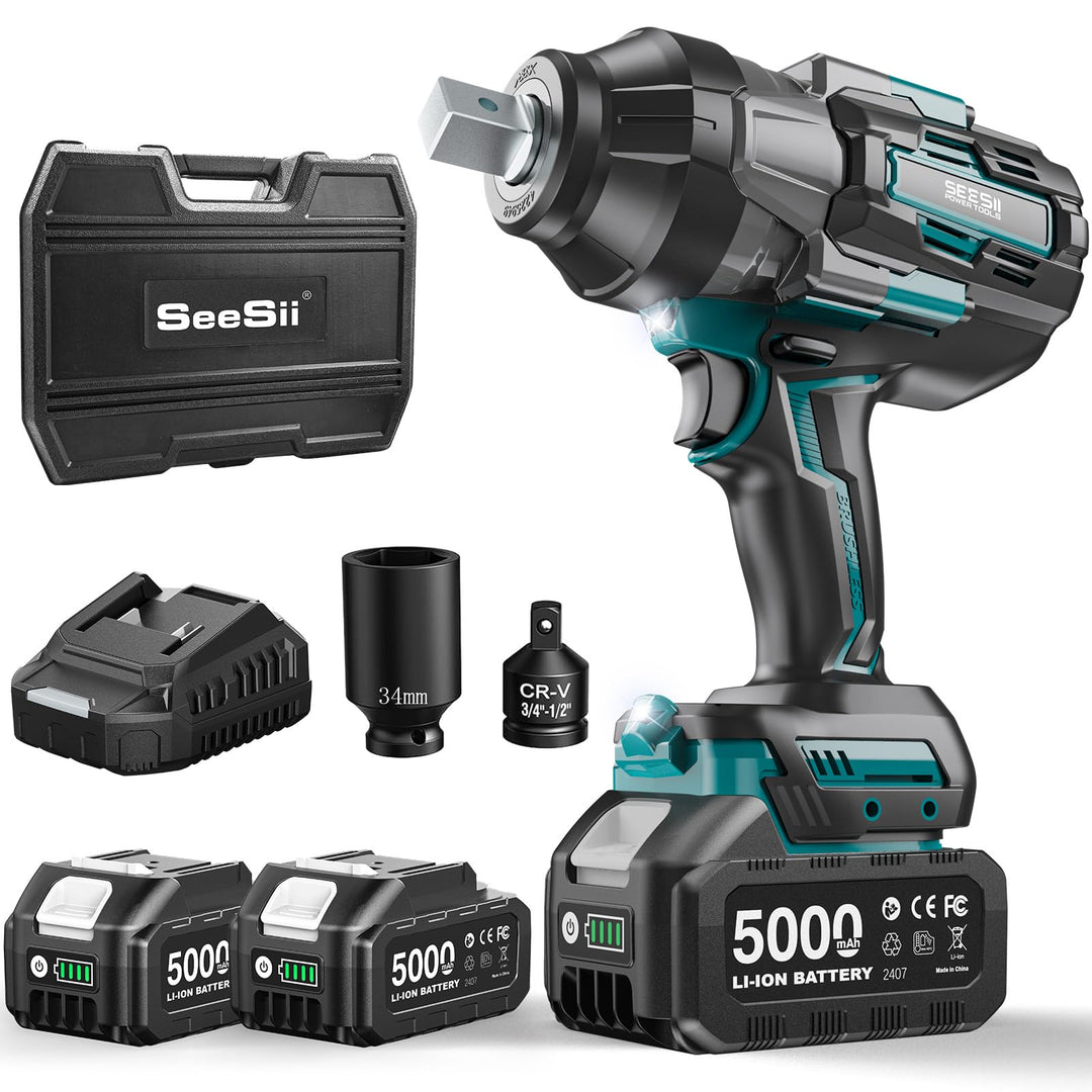 Seesii 1800Nm Akku-Schlagschrauber, 3/4 Zoll Schlagschrauber Akku Bürstenlos mit 2x5000mAh, 3-Gang-G