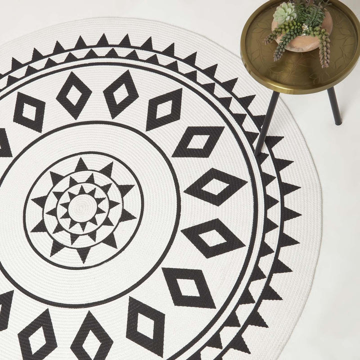 Homescapes Runder Teppich Lia schwarz-weiss Gemustert 120 cm, Baumwoll-Teppich geflochten, Teppich r