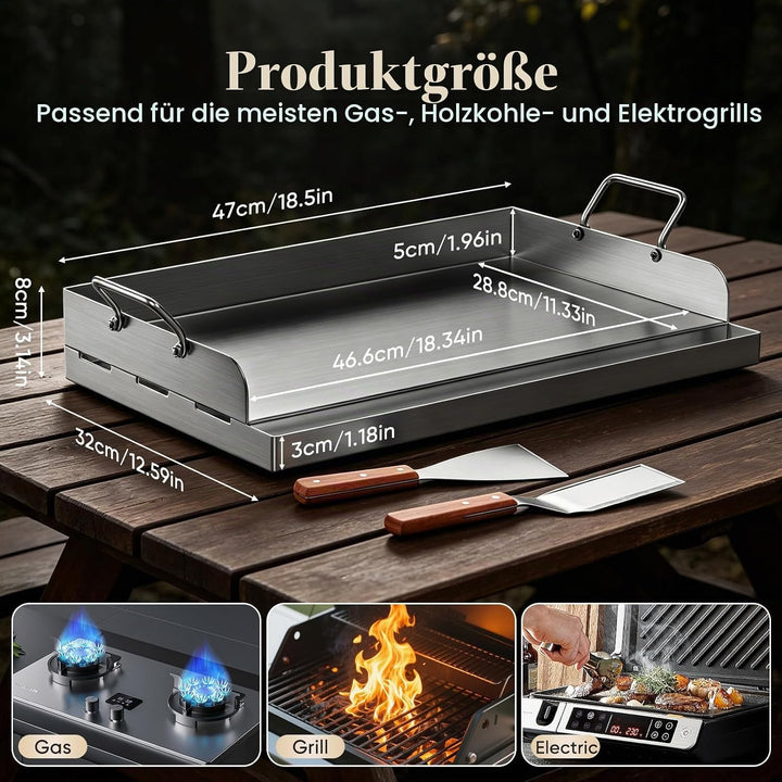 Plancha Grillplatte Edelstahl 47x32cm mit Fettrinne inkl.2 Spatel 40 x 30 x 0.2 cm, 40 x 30 x 0.2 cm