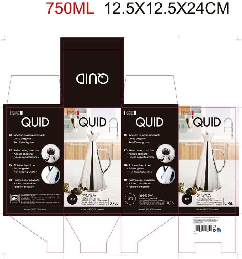 Quid 7694003 Renova Ölspender, auslaufsicher, INOX, 75 cl, Transparent, 15 x 15 x 30 cm 4390 ml, 439