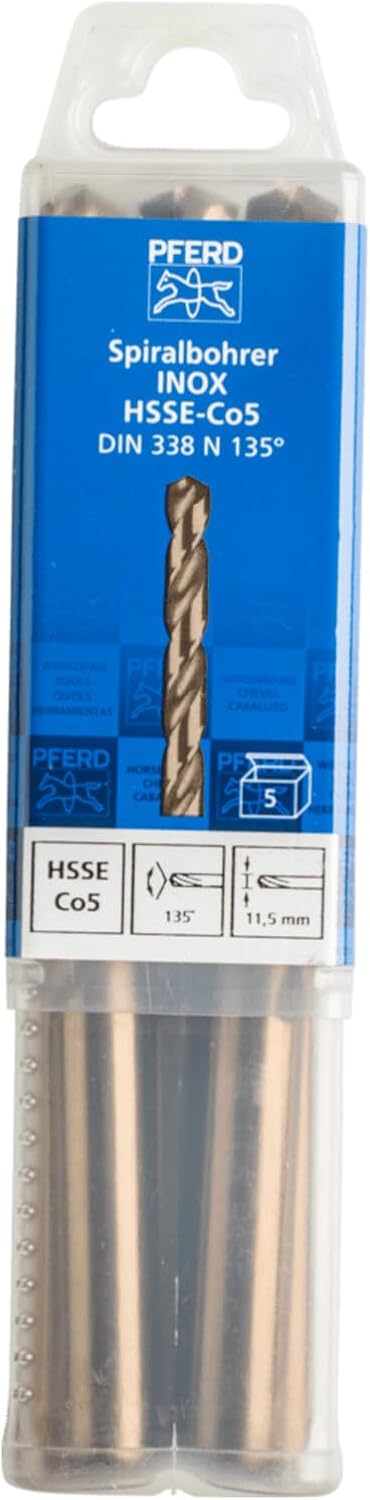 PFERD Spiralbohrer INOX, 5 Stück | Ø 11,5 mm, HSS-E Co5 N, DIN 338, 135° | 25203582 - für zähe und h