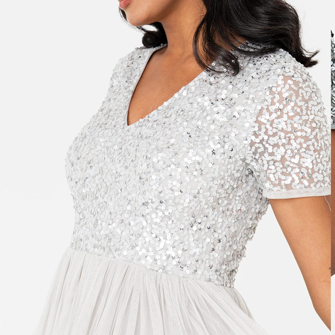 Maya Deluxe Abendkleid mit Pailletten Cocktailkleid Damen mit V-Ausschnitt Tüllkleid Soft Grey 36, S