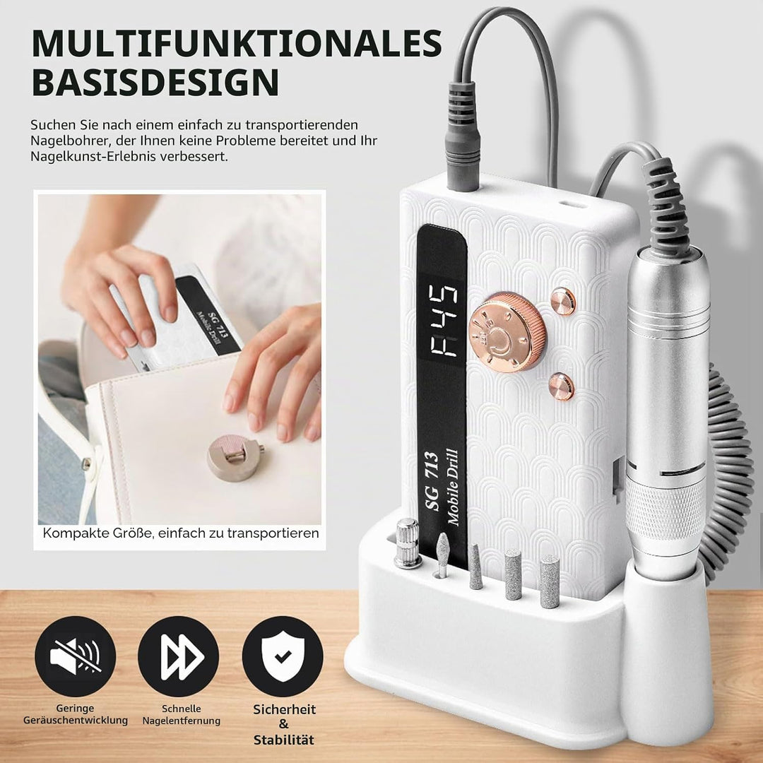 Elektrischer Nagelfräser Professionell, 45000 U/min,Tragbare Nagelfeile für Acrylnägel Gelnägel, mit