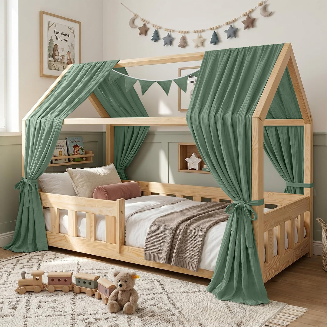 Hausbett Himmel Kinder Betthimmel Kinderbett mit 3m Wimpelkette, Dunkelgrün Dunkelgrün H270 x B135 c