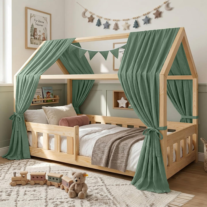 Hausbett Himmel Kinder Betthimmel Kinderbett mit 3m Wimpelkette, Dunkelgrün Dunkelgrün H270 x B135 c
