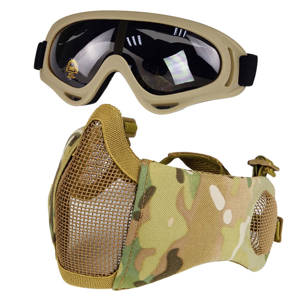 Hodeacc Airsoft-Maske und Brillen-Set, halbe Gesichtsmaske aus Metall mit Gehörschutz, Anti-UV-Softa