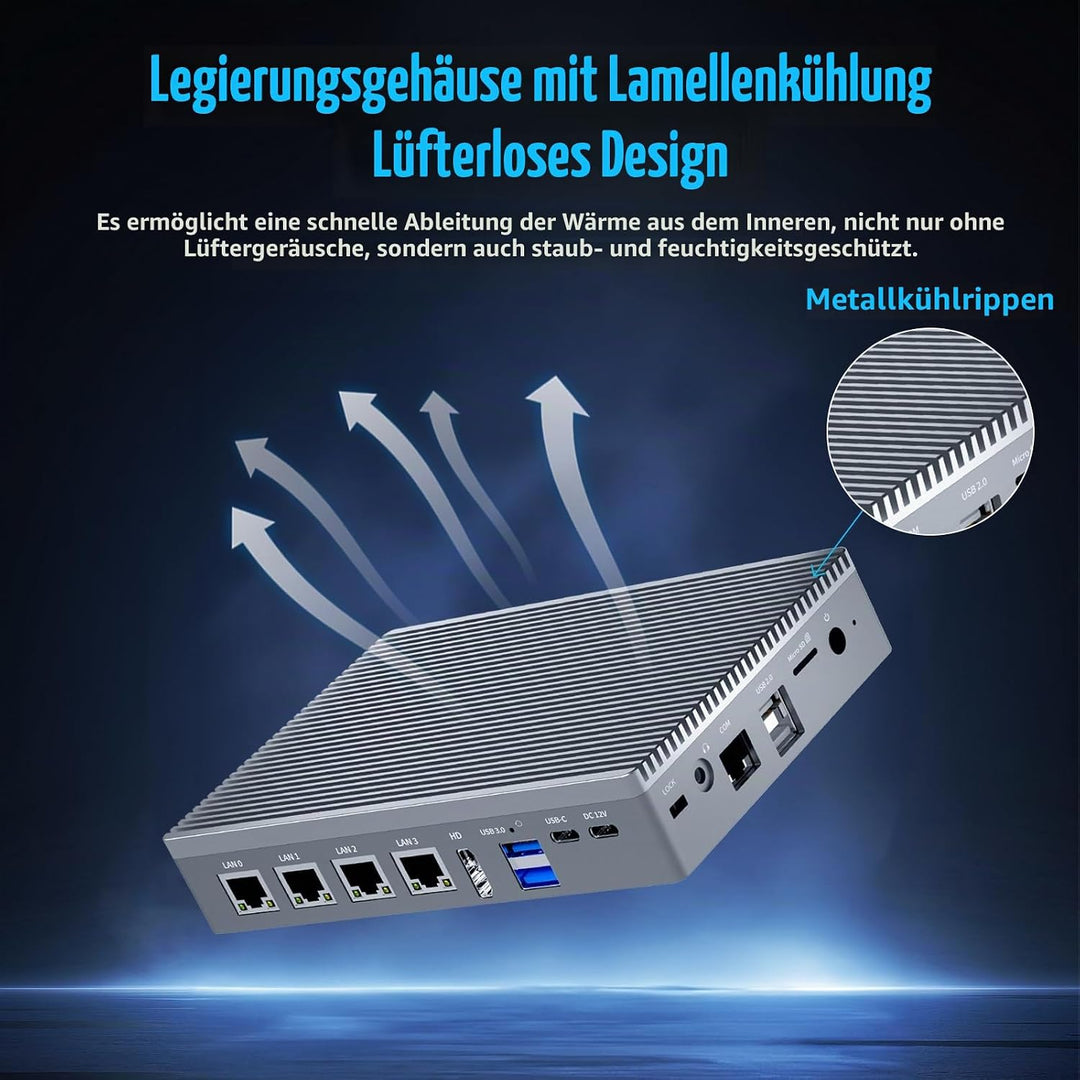 Micro Firewall N100 12TH Gen Fanless Mini PC(3.4 GHz) 8GB RAM 128GB eMMC, Type-C USB3.2, 4 x 2.5Gbe