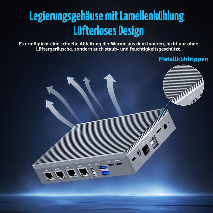 Micro Firewall N100 12TH Gen Fanless Mini PC(3.4 GHz) 8GB RAM 128GB eMMC, Type-C USB3.2, 4 x 2.5Gbe