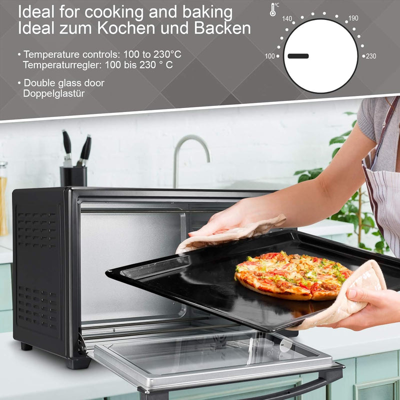 Jago® Minibackofen mit Umluft - 30/48/60L, 1600/2000W, 100 bis 230°C, Timer (0-60 Min), mit Drahtgit