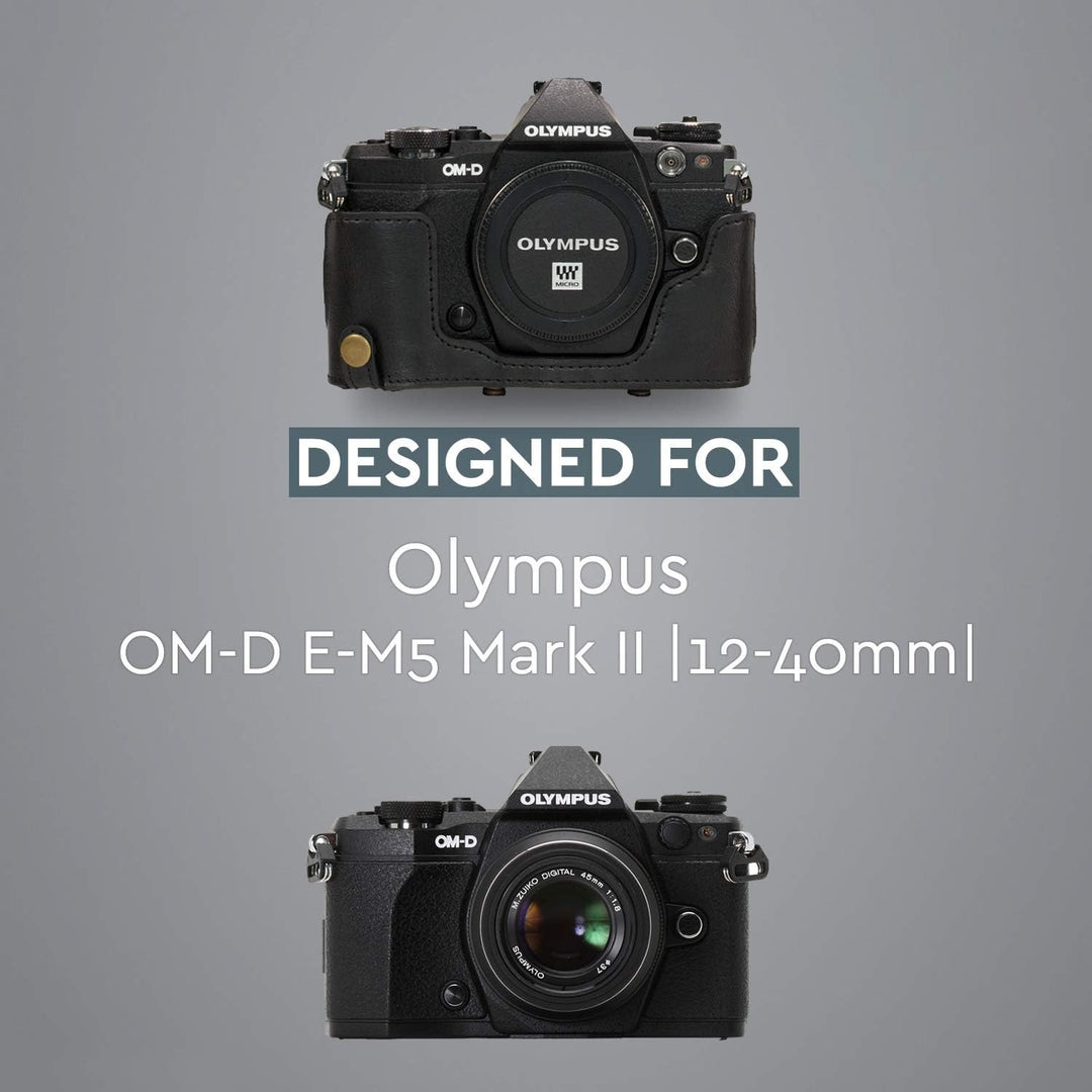MegaGear Olympus OM-D E-M5 Mark II 12-40mm Ever Ready Leder Kamera-Case mit Trageriemen und Batterie
