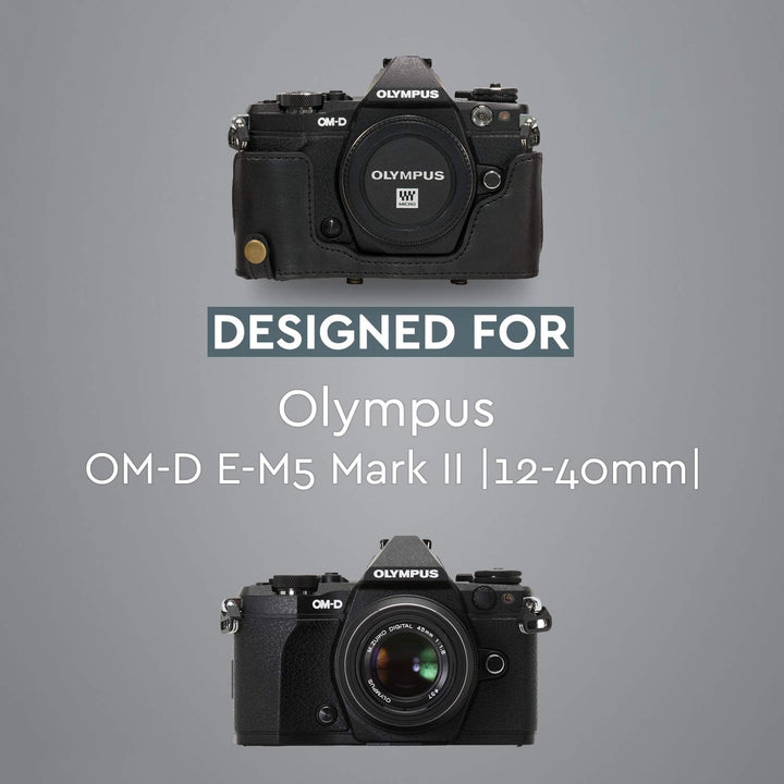 MegaGear Olympus OM-D E-M5 Mark II 12-40mm Ever Ready Leder Kamera-Case mit Trageriemen und Batterie