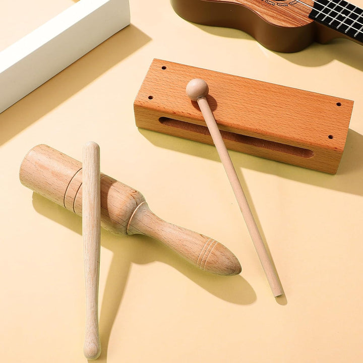 Vaguelly 2 Sätze Holz Orff Instrument Percussion Blöcke und Handtrommel mit Holzschlägeln Rhythmus H