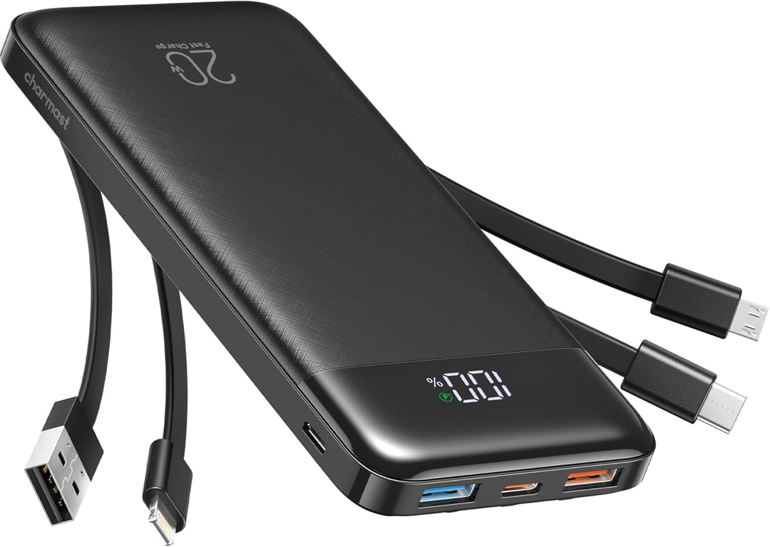 Charmast Powerbank 20000mAh Externer Akku USB C Power Bank mit 4 integriertes Ladekabel Tragbares La