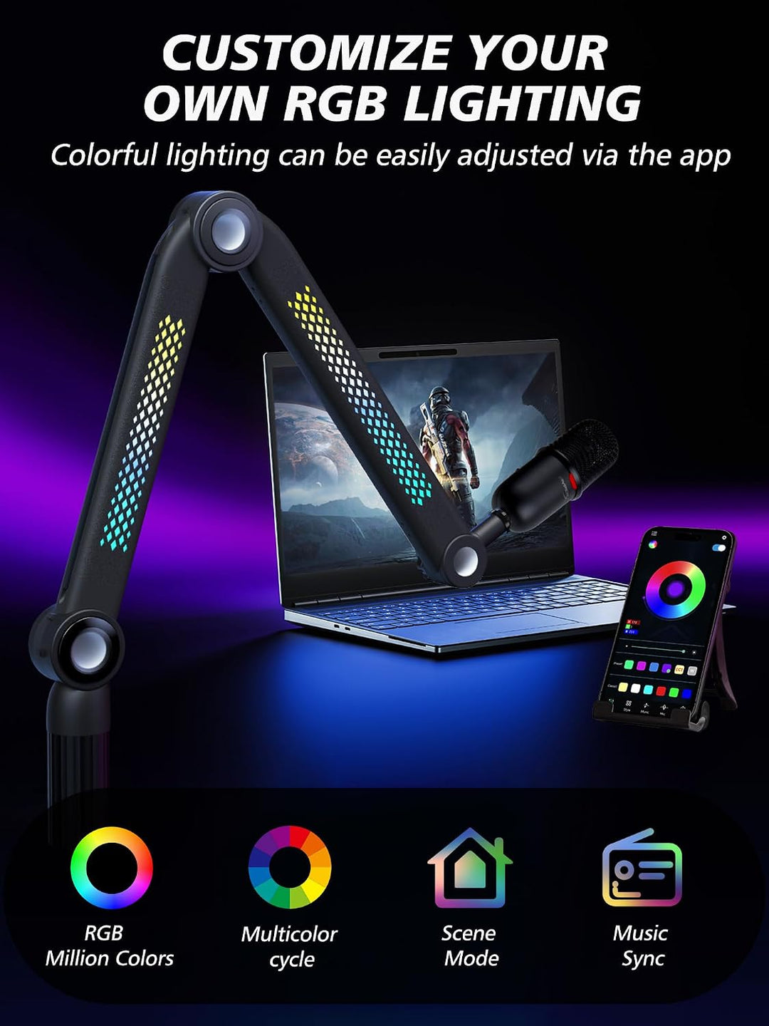 YOUSHARES RGB Tonaufnahme Mikrofon Arm kompatibel mit HyperX QuadCast, QuadCast 2, SM7B, MV7, Rode,