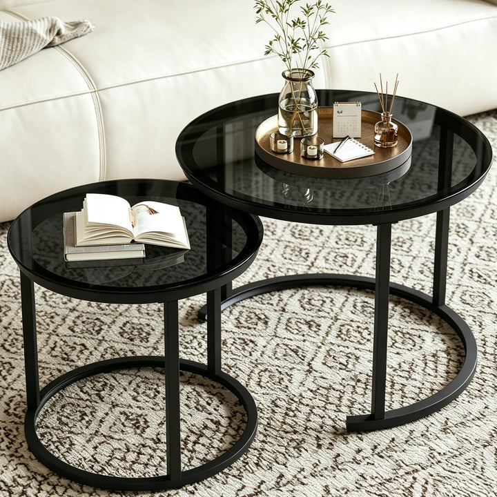 Hawthyhome 2 Stücke Beistelltisch Set rund, Couchtisch aus Glas mit Metallrahmen,Moderne Kaffeetisch