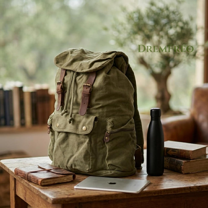DremFreo Vintage Canvas Rucksack mit Lederdetails, 30x48x15cm, Outdoor Tagesrucksack für Damen und H