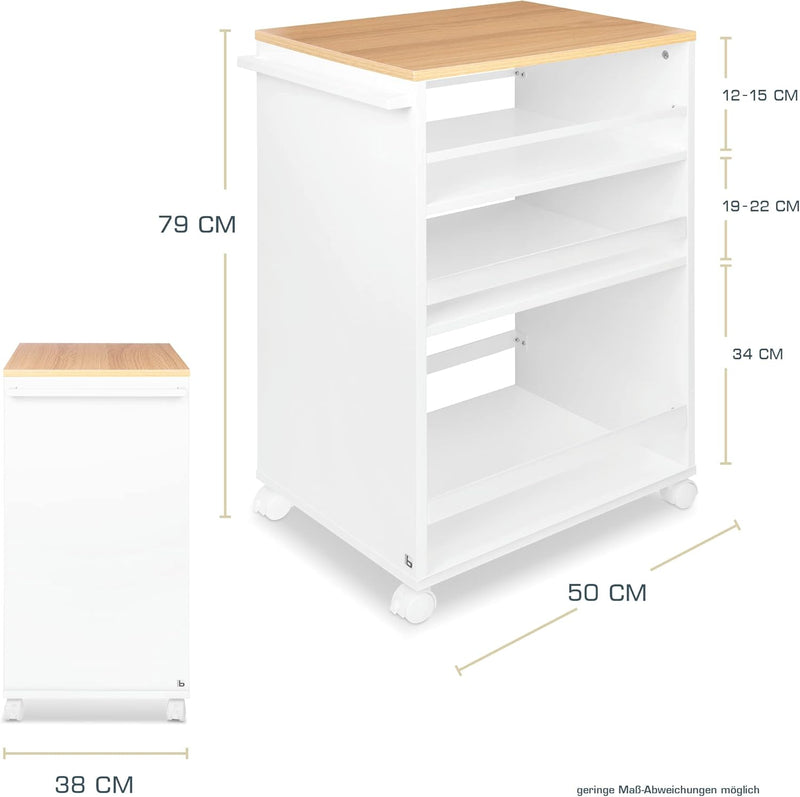 bomoe Nischenwagen Servierwagen auf Rollen mit 3 verstellbaren Ebenen & FSC® Holz Küchenwagen mit Ar