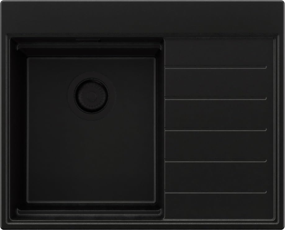 PRIMAGRAN Spülbecken Alles Schwarz 62x50cm, Granitspüle 1 Becken + Ablauf-Set, Küchenspüle ab 40er U