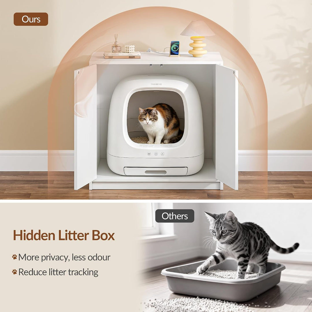 Katzenklo Schrank Versteckt mit Steckdosen, 80 x 60 x 80 cm, Weiss | Katzenschrank Möbel mit USB, fü