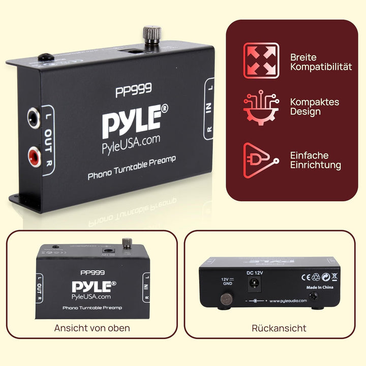 Pyle Phono Vorverstärker für MM Plattenspieler, RCA-Ausgang & 3,5-mm-Kopfhöreranschluss, Rauschfreie