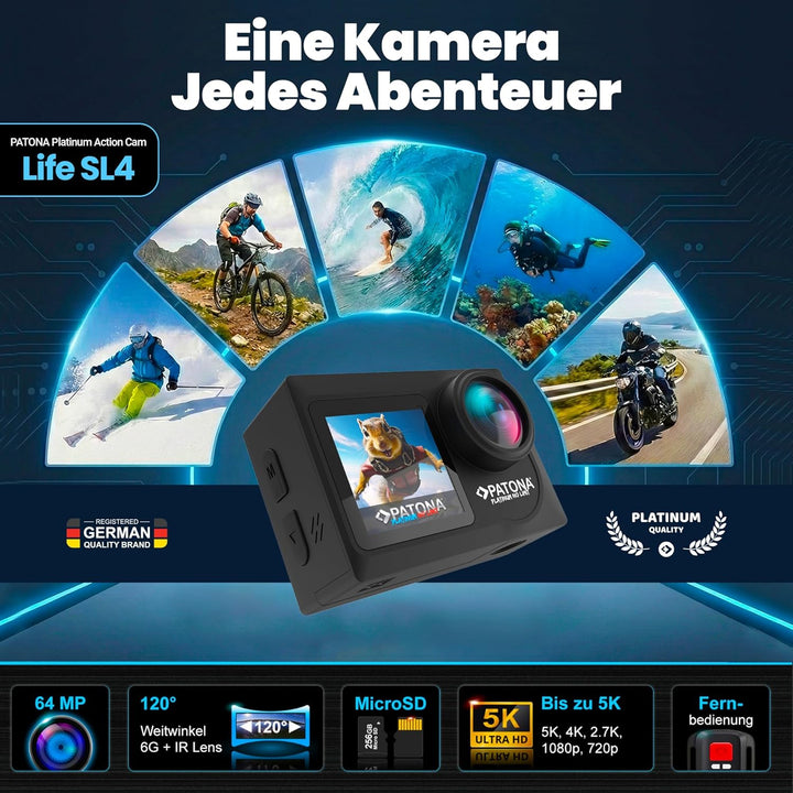 PATONA Action Cam Life SL4 | 5K 120fps 64MP EIS | 120° Weitwinkel Videokamera | Dual Screen Kamera |