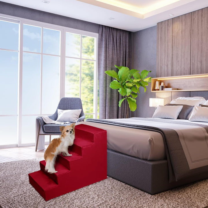 Mg Design Hundetreppe 5 Stufen in Rot – Stabiler Holzrahmen, gelenkschonend, leicht & mobil, für Sof