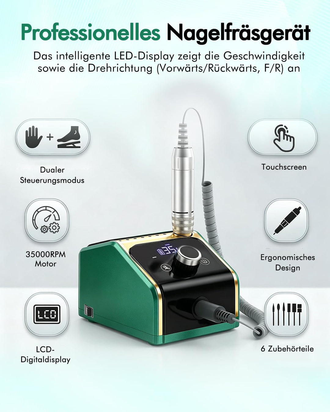 CozyZen Elektrische Nagelfräsmaschine 35.000 U/min Profi-Set | Mit LCD-Display, Hand- & Fusspedal, l