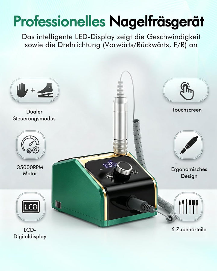 CozyZen Elektrische Nagelfräsmaschine 35.000 U/min Profi-Set | Mit LCD-Display, Hand- & Fusspedal, l