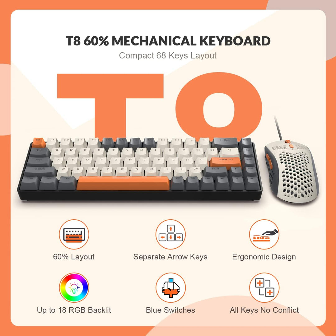 YINDIAO T8 60% RGB Gaming Tastatur und Maus Set + Gewendeltes USB-C Kabel,Kabelgebundene Mechanische