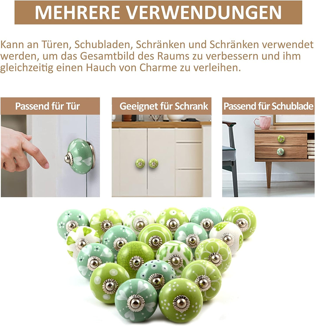 The Boho Street Hochwertige Keramik-Türgriffe - Verschiedene 20 Keramikknöpfe in Grün und Weiss, gem