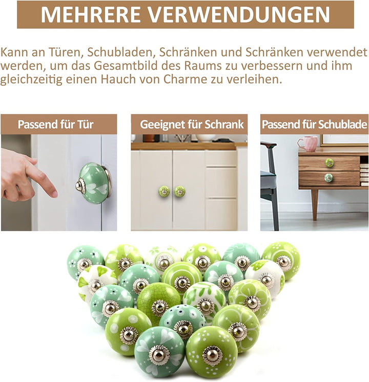 The Boho Street Hochwertige Keramik-Türgriffe - Verschiedene 20 Keramikknöpfe in Grün und Weiss, gem