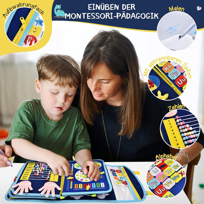 BuzzoXerex Busy Board Deutsch, 8 Seiten in 1 Busy Book, Filz Quiet Book Kleinkinder ab 1 Jahre mit S