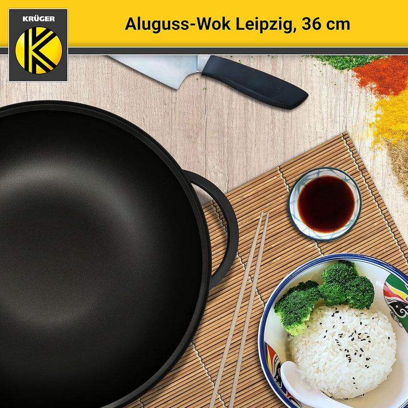 KRÜGER Aluguss-Wok Leipzig mit Glasdeckel und Zubehör 36 cm - Wokpfanne mit Antihaft Versiegelung -