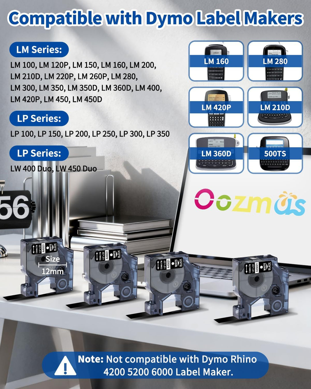 Oozmas Schriftband kompatibel mit Dymo D1 Weiss auf Schwarz 45021 12mm x 7m, Etikettenband kompatibe