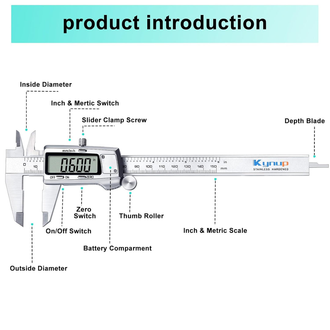 Kynup Messschieber Digital, 150 mm Schieblehre Digital Edelstahl, Elektronik Digitaler Messschieber