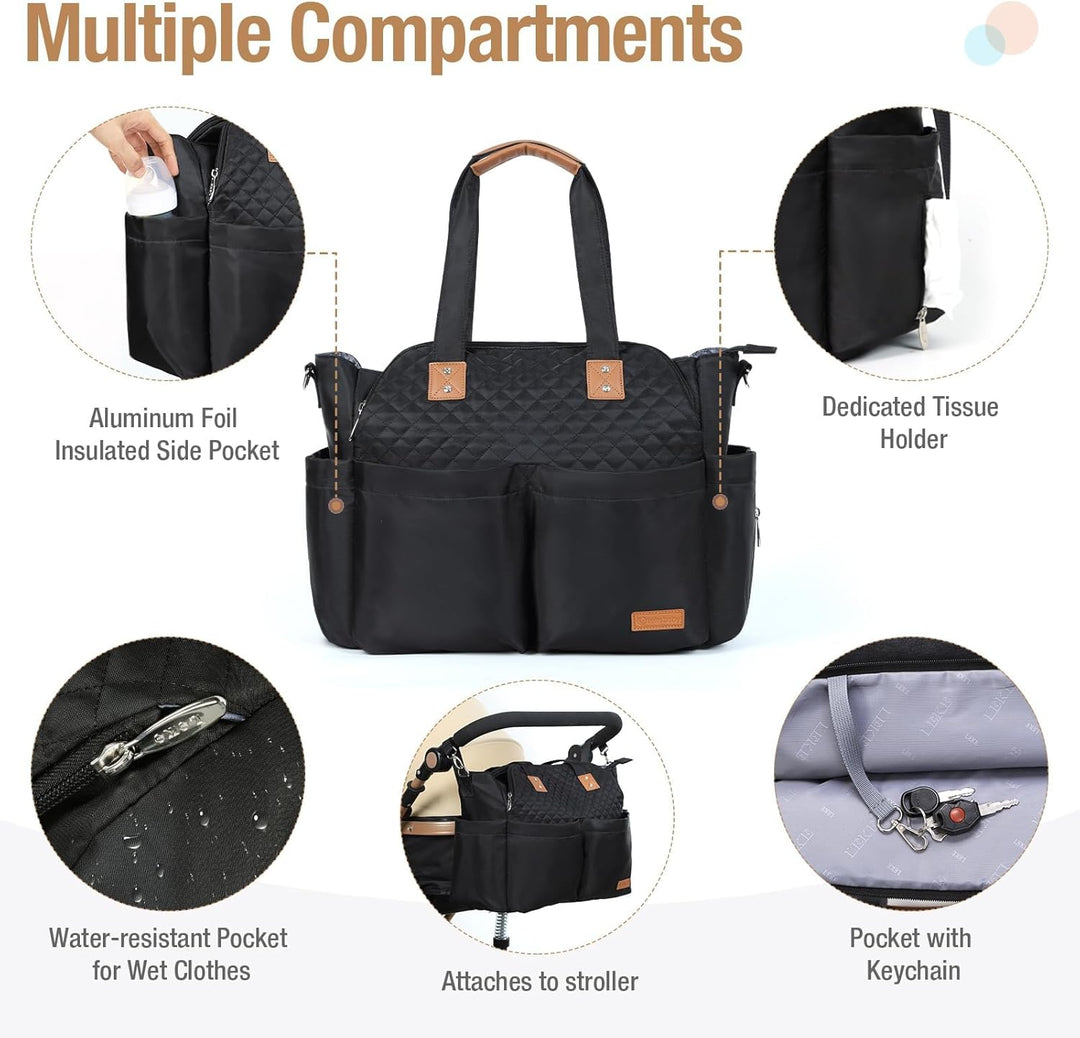 Lekebaby Baby Wickeltasche Bote gross mit Wickelunterlage für Reise Schwarz Gesteppt Schwarz Gestepp