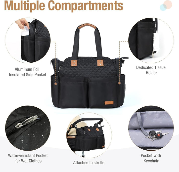 Lekebaby Baby Wickeltasche Bote gross mit Wickelunterlage für Reise Schwarz Gesteppt Schwarz Gestepp