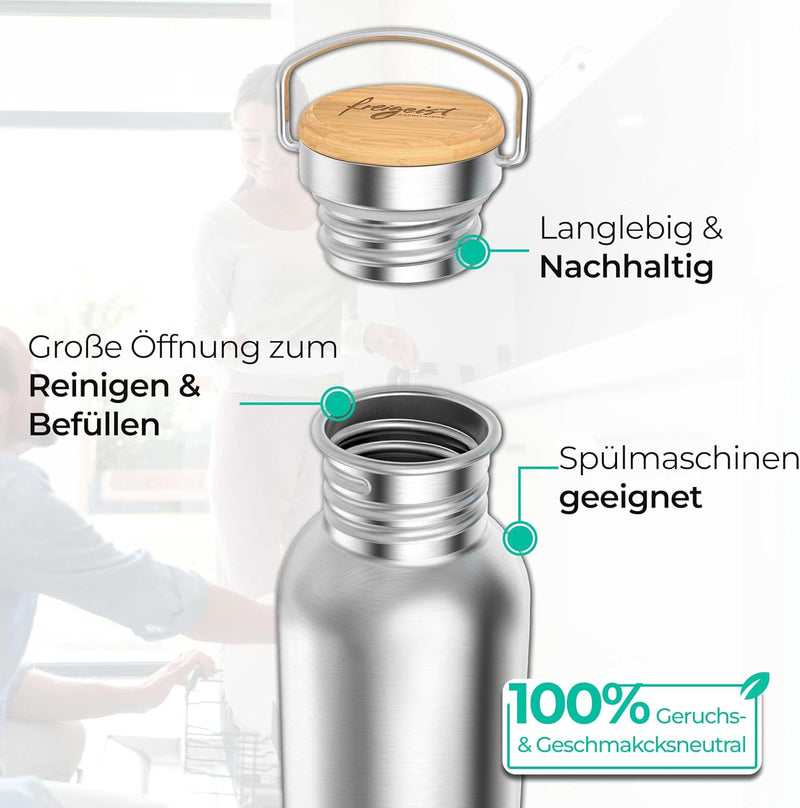 freigeist Trinkflasche Edelstahl einwandig mit Gratis Sportverschluss - Trinkflasche 1l | 750 | 500