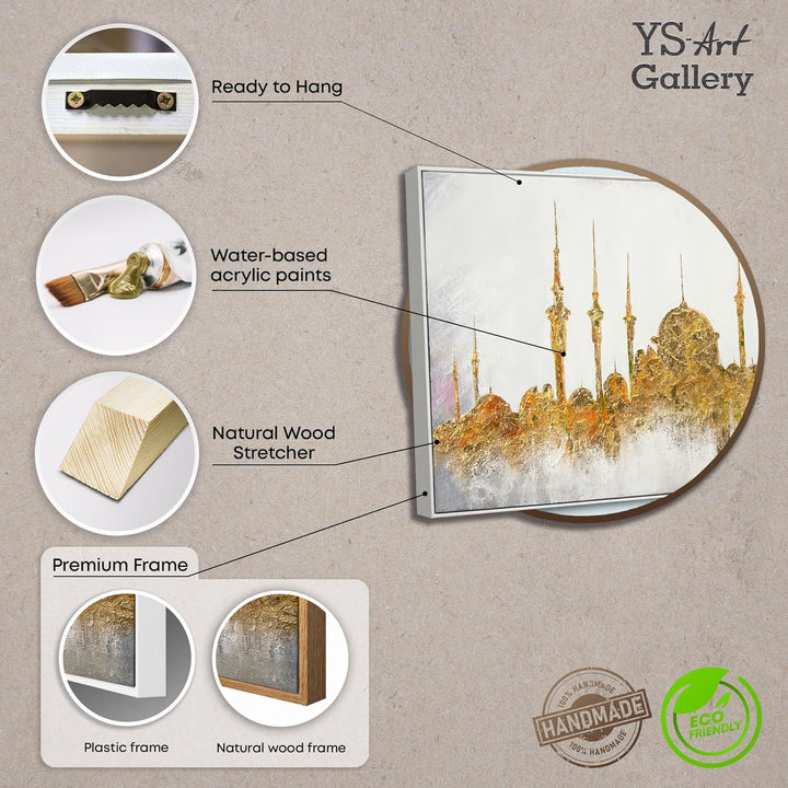 YS-Art XXL Abstrakt Acryl Gemälde auf Leinwand mit Rahmen Moschee handgemalte Wandbilder Wohnzimmer
