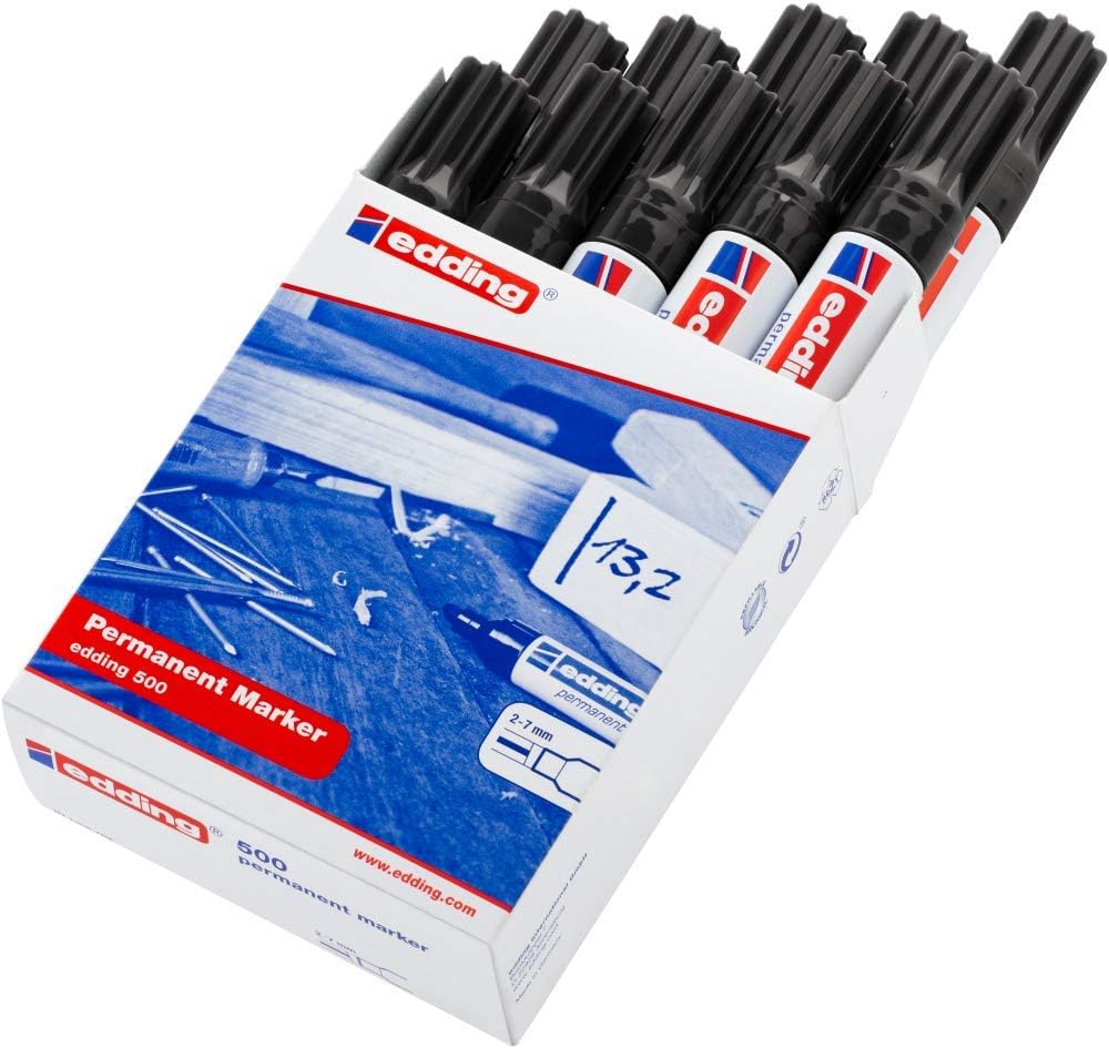 edding 500 Permanentmarker - schwarz - 10 Stifte - Keil-Spitze 2-7 mm - wasserfest, schnell-trocknen