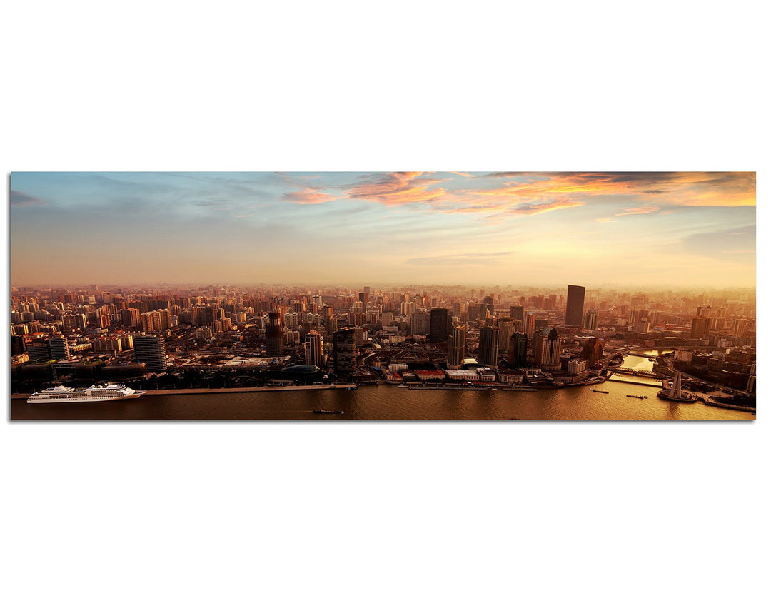 Paul Sinus Art Panoramabild auf Leinwand und Keilrahmen 120x40cm Shanghai Skyline Sonnenuntergang Wo