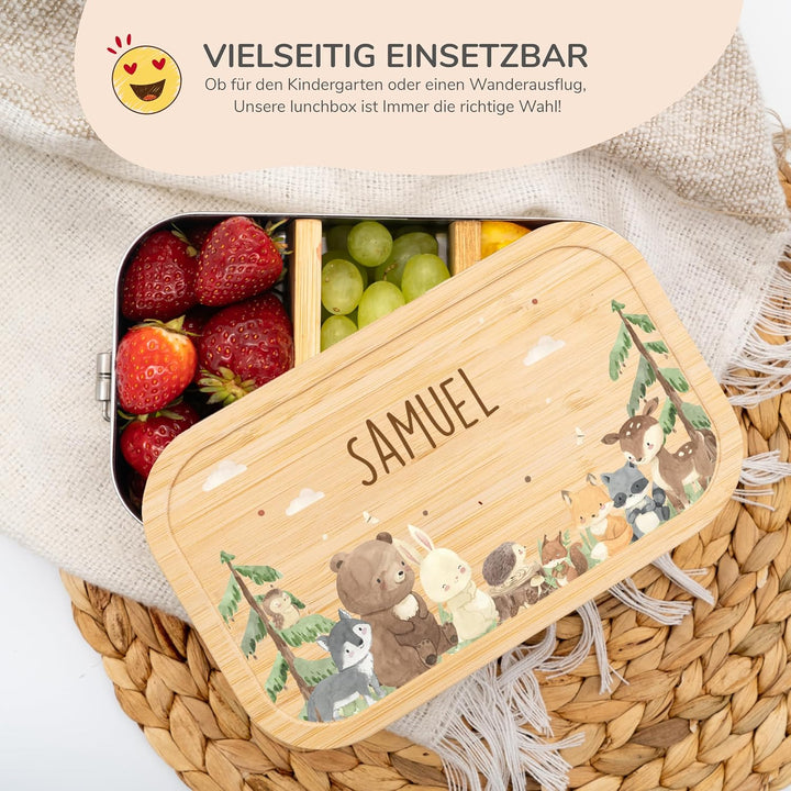 Kidsmood - Personalisierte Brotdose Kinder mit Fächern, Edelstahl Lunchbox mit Bambusdeckel | Schads