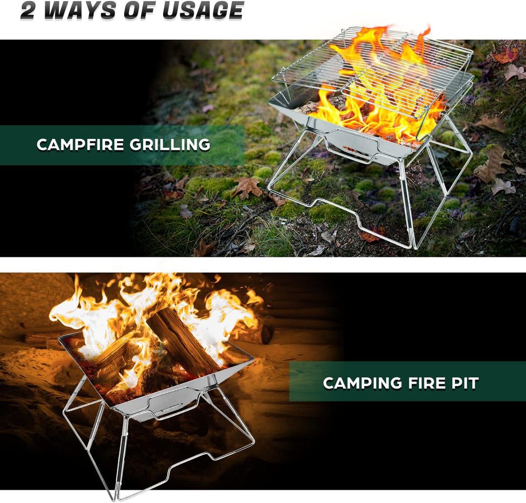 Odoland Faltbarer Lagerfeuer-Grill, Camping-Feuerstelle mit Tragetasche, 304 Edelstahl, Grilltor, ro