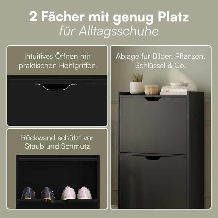 Bellamio Ceyhan Schuhschrank mit 2 Klappen – Schuhkipper schwarz aus Holz – Schuhregal schmal 50x19x