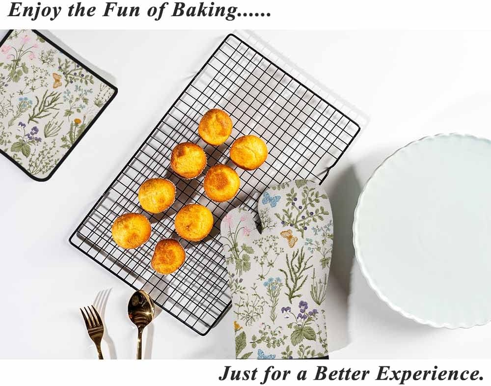 Blumen-Ofenhandschuhe und Topflappen-Set, Wildblumen, Kräuter, hitzebeständig, 3 Stück zum Kochen, B