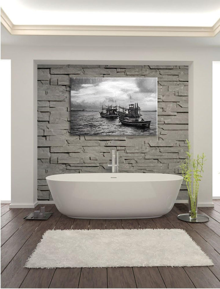 Pixxprint thailändische Fischerboote im Meer Kunst Kohle Effekt, Format: 100x70 auf Leinwand, XXL ri