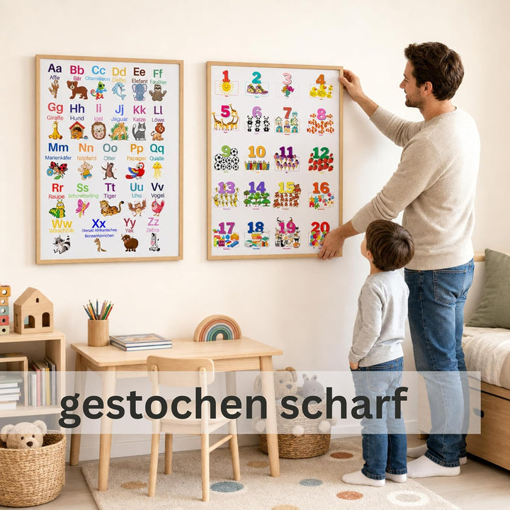 ABC Poster und Zahlen Lernposter DinA2 Set für Grundschüler - Alphabet und Zahlen von 1 bis 20 Lerne